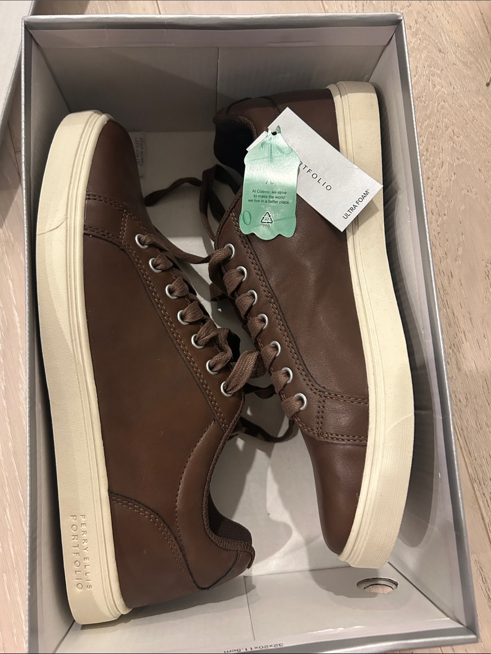 Perry Ellis Men's Brown Leather Low-Profile Sneakers with Cream Sole